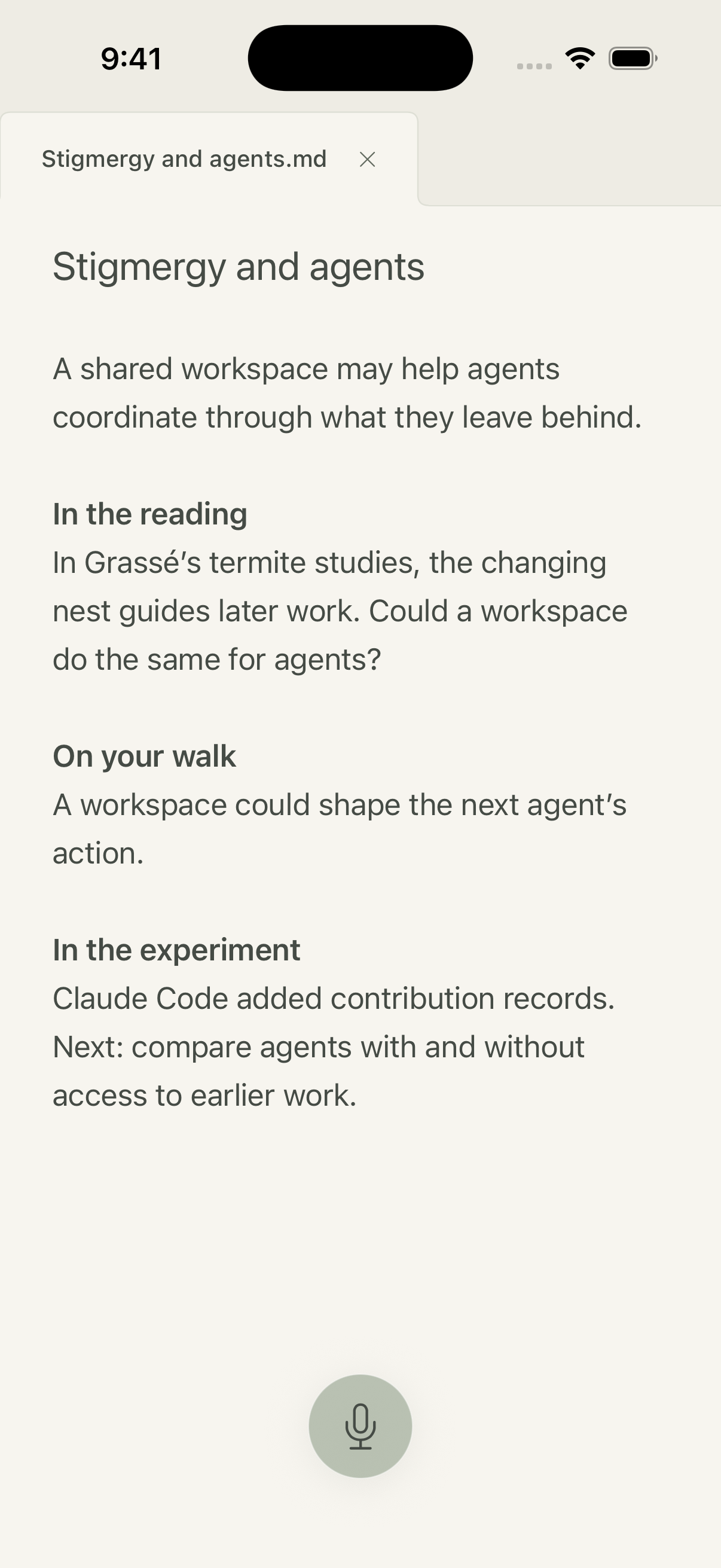 Illustrative Warren iOS view of a developing account connecting a reading, a reflection, and an agent’s work