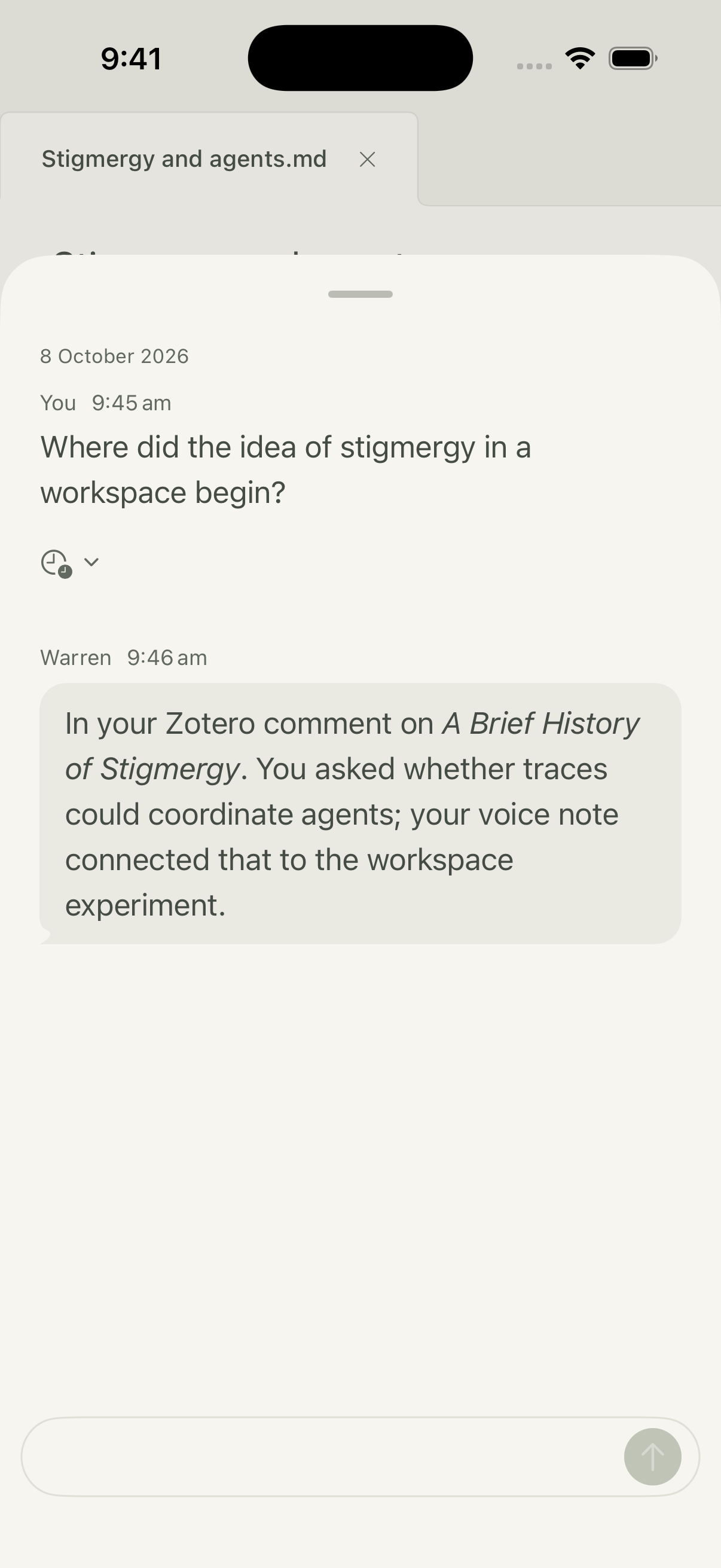 Native palette with an illustrative question about an idea’s origin and a reply pointing to the original Zotero comment