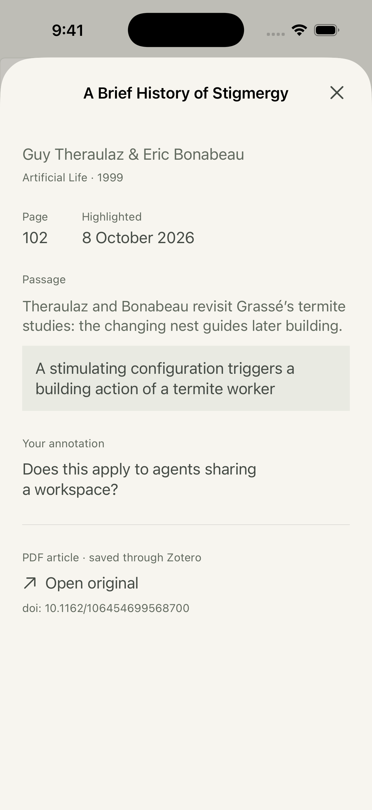 Proposed structured record showing a scholarly article title, author, publication, page, highlight date, exact excerpt, annotation, and source link