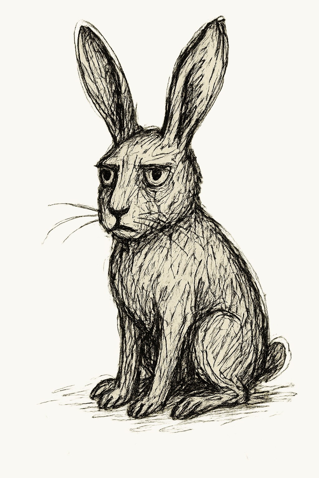 Ink drawing of Warren, an alert hare with upright ears