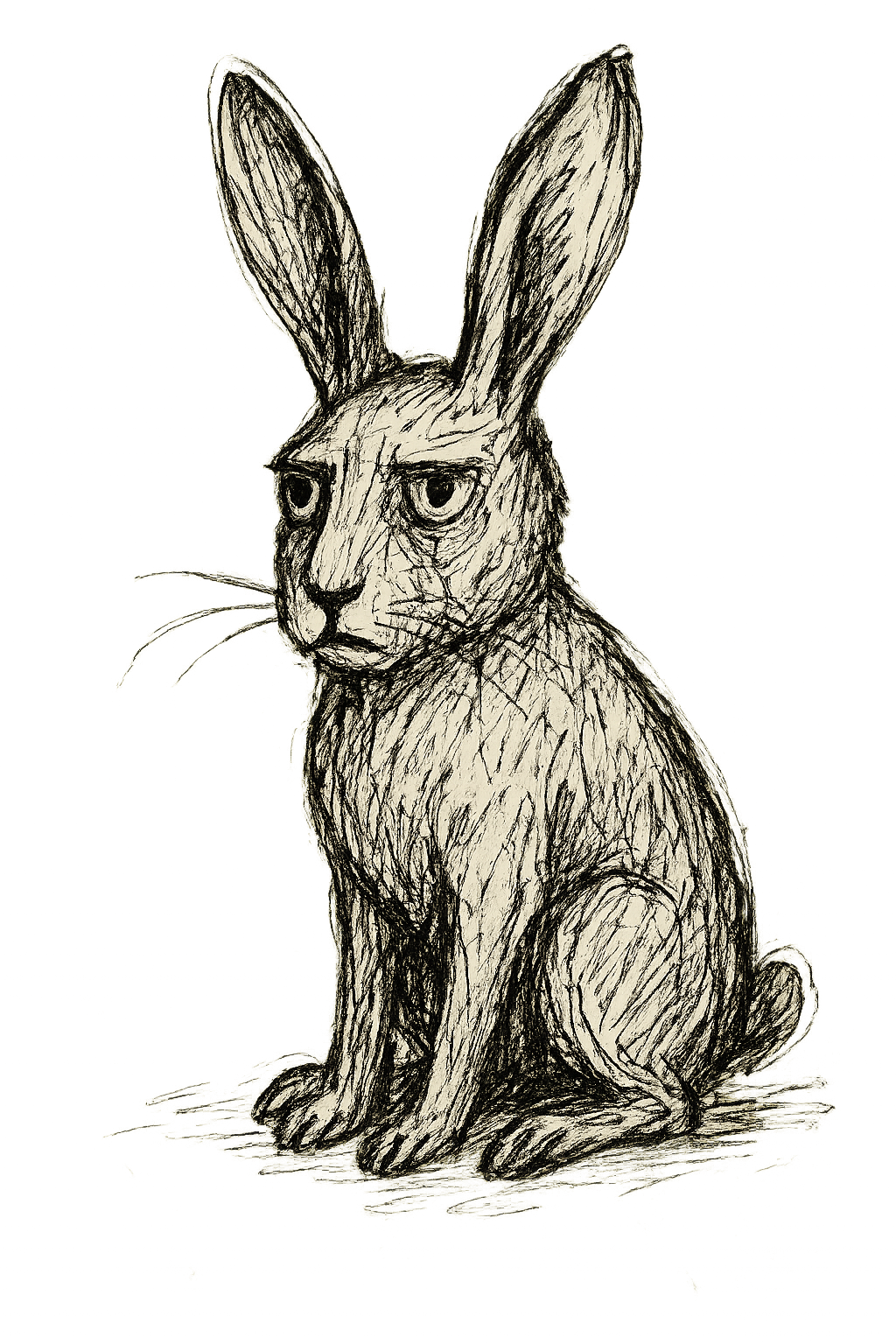Ink drawing of Warren, an alert hare with upright ears
